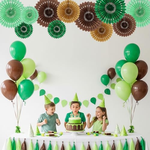 Honeycomb Round Paper Fans Green Brown Hanging Party Decoration (11 Count)