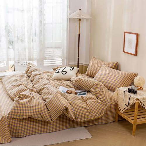 Gingham Comforter Set King Modern Style Checkered Plaid Printed Bedding Comforter Set 3 Pieces Boho Grid Comforter King Fluffy Soft Purple Yellow Gingham Bedding Comforter with 2 Pillowcases