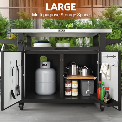 Outdoor Grill Cart with Storage Cabinet Metal Kitchen Island Prep Table with Movable Universal Wheels and Stainless Steel Top for Outside BBQ Backyard Include Hooks Spice Rack