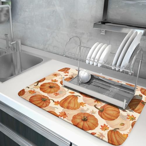 Fall Dish Drying Mat for Kitchen Counter Watercolor Pumpkin Autumn Festival Super Absorbent Reversible Microfiber Kitchen Countertop Protector Dishes Pad Large 18x24 inch