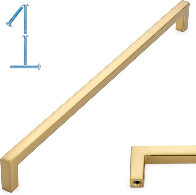 KOOFIZO Solid Square Bar Cabinet Handle - Brushed Gold Furniture Pull, 10 Inch/256mm Screwhole Distance, 1-Piece for Kitchen Cupboard Door, Bedroom Dresser Drawer, Bathroom Wardrobe Hardware