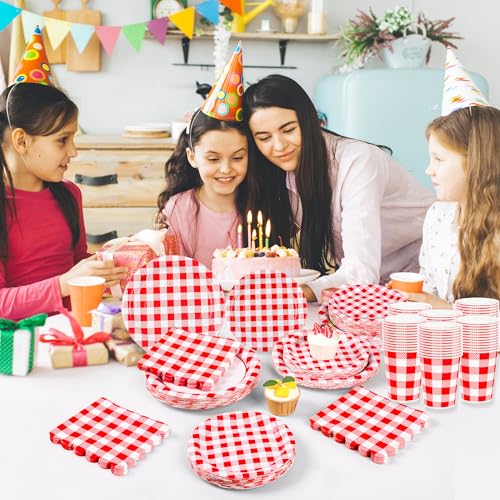 200Pcs Christmas Red Gingham Party Supplies Red Gingham Paper Plates and Napkins Cups Plaid Party Plates Disposable Reds and White Checkered Plates for Christmas Birthday Family Picnic (200 Count)