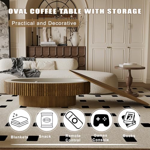 Oval Coffee Table with Storage Modern Coffee Table with Solid Wood Veneered