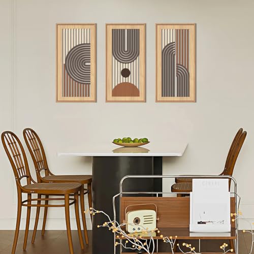 Mid Century Modern Boho Wooden Wall Art Framed 8x16 Inch Orange Abstract Bohemian Wood Wall Decor Set of 3 Minimalist Geometry Artwork for Living Room Bedroom Office