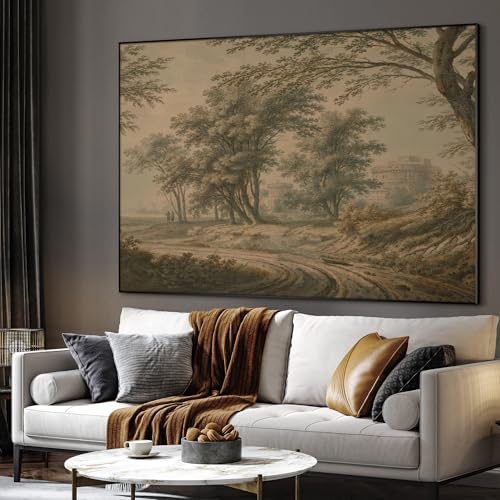36"x46" Extra Large Framed Wall Art Antique Sepia Landscape with Trees and Historic Architecture for Home Living Room Bedroom Decor