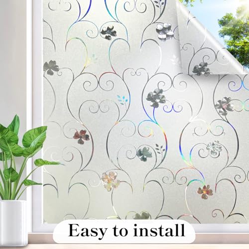 Window Privacy Film 3D Flower Pattern Stained Glass Window Film Frosted Rainbow Window Film Decorative Decals Removable Static Clings Vinyl Anti UV Window Cling for Home 17.4 x 78.7 inches