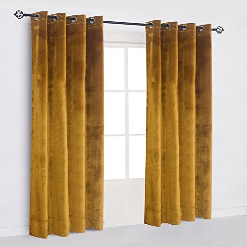 Super Soft Luxury Velvet Set of 2 Warm Yellow Blackout Velvet Energy Efficient Grommet Curtain Panel Drapes Ginger Mustard Curtain Panels 52Wx108L