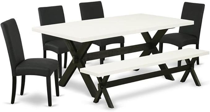 East West Furniture X627DR124-6 6 Piece Dining Table Set Contains a Rectangle Wooden Table with X-Legs and 4 Black Color Linen Fabric Parson Chairs with a Bench, 40x72 Inch, Multi-Color