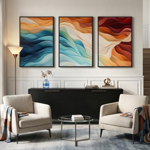 Large Framed Blue Orange Abstract Wall Art for Living Room (3 Count)