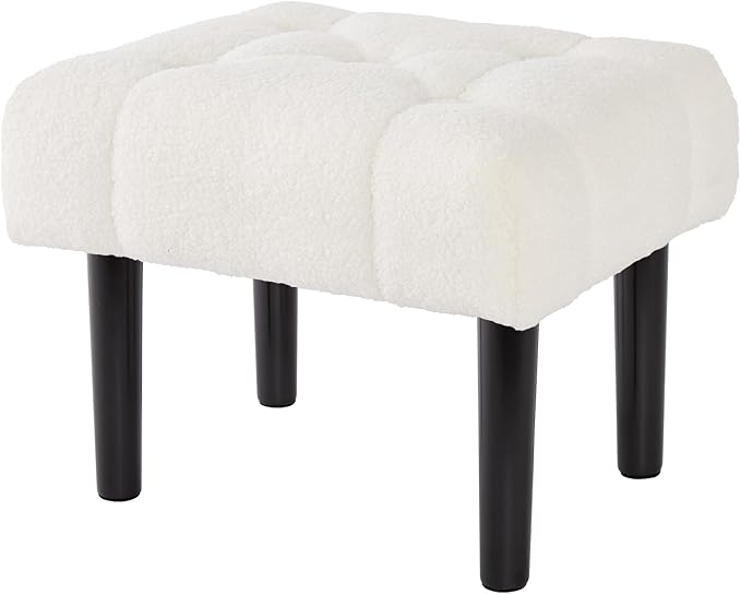 HOUCHICS Fur Padded Foot Stool, Small Ottoman with Wooden Legs, Modern Rectangle Chair Foot Rest for Living Room, Couch, Desk (White)