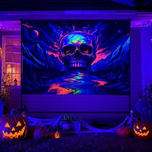 Blacklight Tapestry Skull Mountain Wall Hanging 78 x 59 Inch