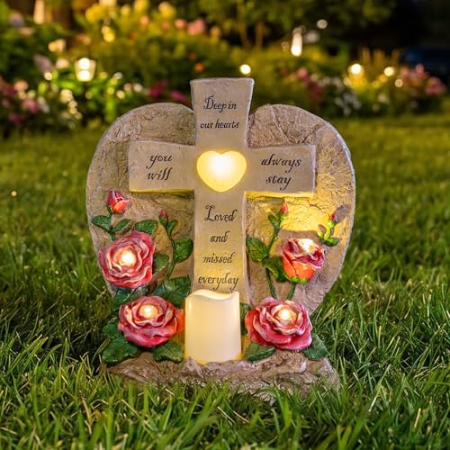 Solar Lights for Cemetery Memorial Cross Statue with LED Lights & Roses