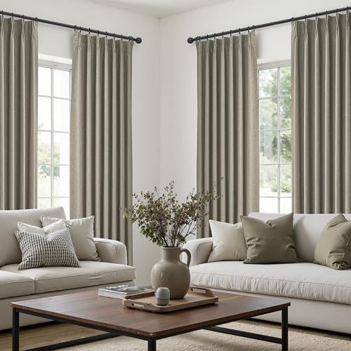 Grey Green Blackout Linen Curtains 84 Inches Long for Living Room Bedroom