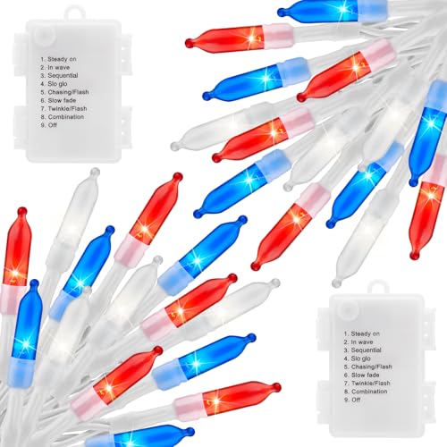 Red White Blue Battery Operated Mini String Lights 2 Pack 18 Feet 50 LED (50 Count)