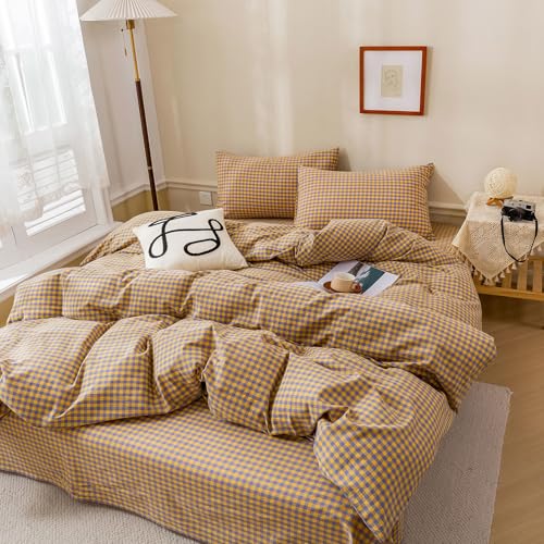 Gingham Comforter Set King Modern Style Checkered Plaid Printed Bedding Comforter Set 3 Pieces Boho Grid Comforter King Fluffy Soft Purple Yellow Gingham Bedding Comforter with 2 Pillowcases