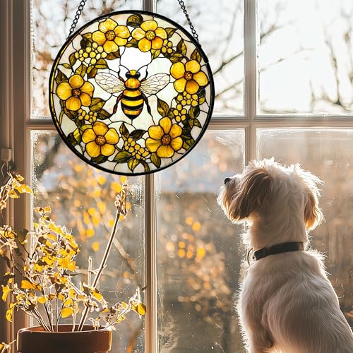 Bee Wreath Stained Glass Window Hanging Suncatcher Gifts for Women 7.8"