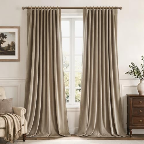 Light Taupe Velvet Pinch Pleat Blackout Curtains W52 X L108 Inches