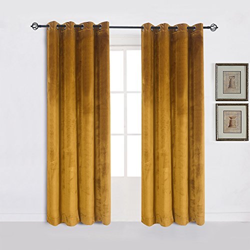 Super Soft Luxury Velvet Set of 2 Warm Yellow Blackout Velvet Energy Efficient Grommet Curtain Panel Drapes Ginger Mustard Curtain Panels 52Wx108L
