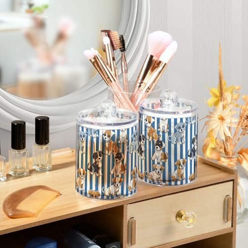 2 Pack Qtip Holder Organizer Dispenser Cute Puppies Blue White Stripes Bathroom Storage Canister Cotton Ball Holder Container for Cotton Pads (2 Count)