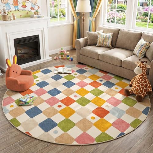 8ft Kids Round Rug Washable Classroom Rug Colorful Checkered Mat (50.27 Sq Ft)