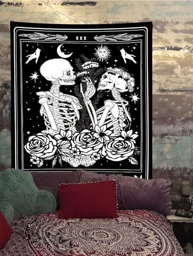 The Lovers Skull Tapestry Gothic Tapestry Vertical Black and White Skeleton Gothic Witch Sun Moon Floral Plant Snake Tapestries Wall Hanging Decor for Bedroom Dorm Room 35 x 47 Inches