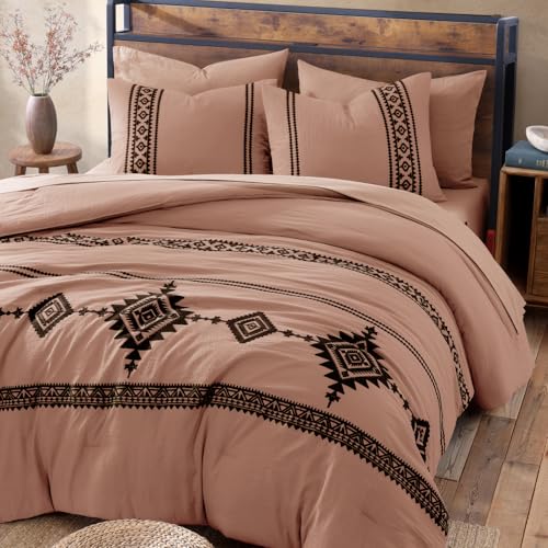 Embroidery Queen Comforter Set 7 Pieces Dusty Pink Bed in a Bag