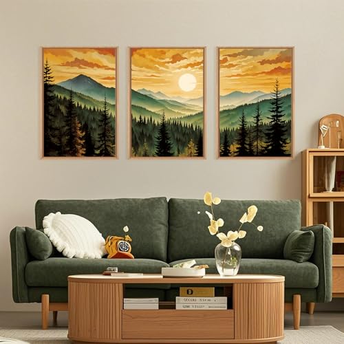 Large Boho Sunset Mountain Framed Canvas Wall Art (3 Count)
