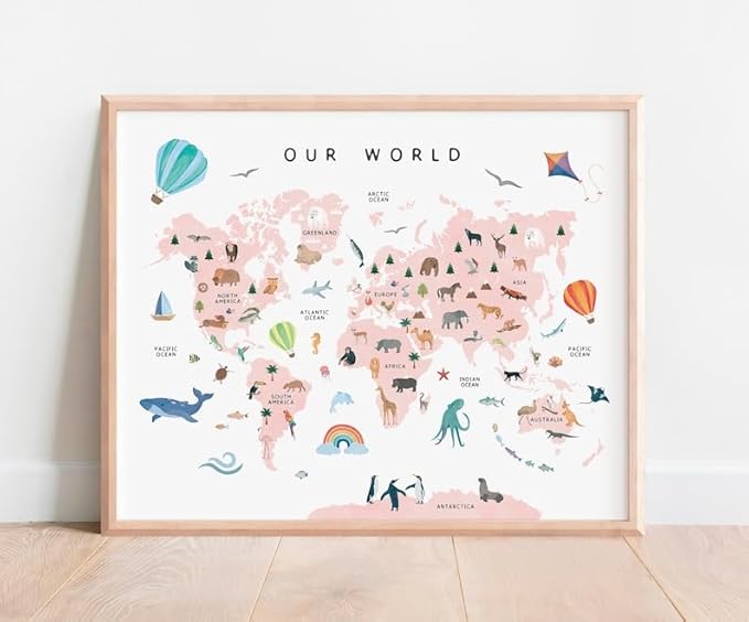 OZCONO World Map Learning Poster, Colorful Animal Chart Kids, Preschool Wall Decor Art, Homeschool Education Guide (Unframed) (24x36)