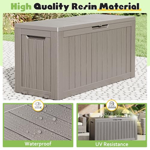 Deck Box 82 Gallon Resin Indoor and Outdoor Storage Box Waterproof for Garden Tools