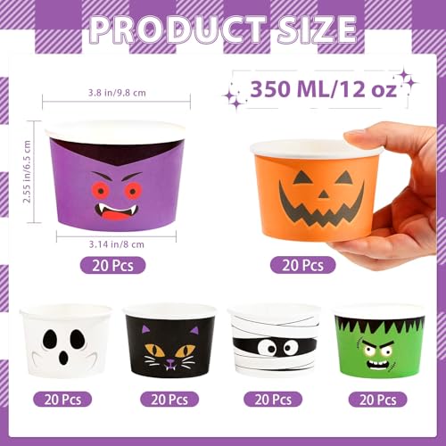 120 Pcs Halloween Ice Cream Cups 12 oz Disposable Ghost Pumpkin Cat Paper Dessert Snack Soup Bowls Halloween Yogurt Cup Containers for Hot or Cold Food Candies Baby Shower Birthday Party Supplies (120 Count)