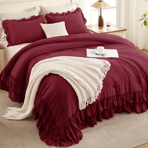 Burgundy Ruffle California King Comforter Set