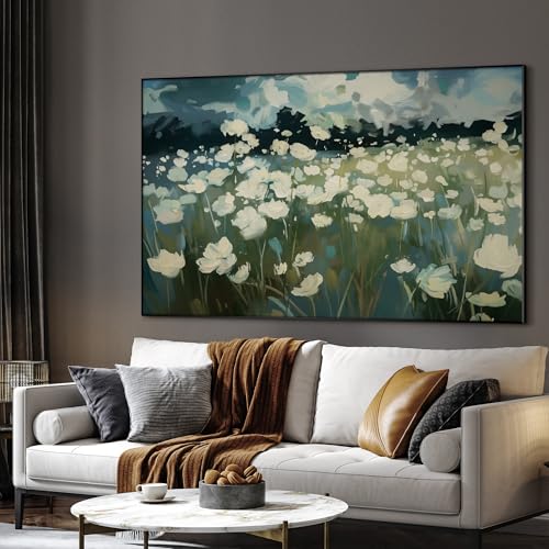 46"x72" Extra Large Framed Wall Art White Wildflower Field in Impressionist Style