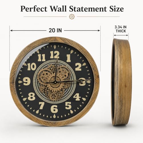 20" Real Moving Gears Wall Clock for Farmhouse Living Room Decor