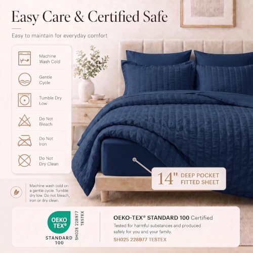 Full Size Comforter Sets 7 Pieces Navy Blue Seersucker Bed in a Bag