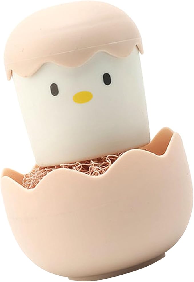 Eggshell Chicken Cleaning Brush Cartoon Kitchen Cleaning Scrubbers Fiber Ball Head with Detachable Handle for Bowls Pots (Pink)