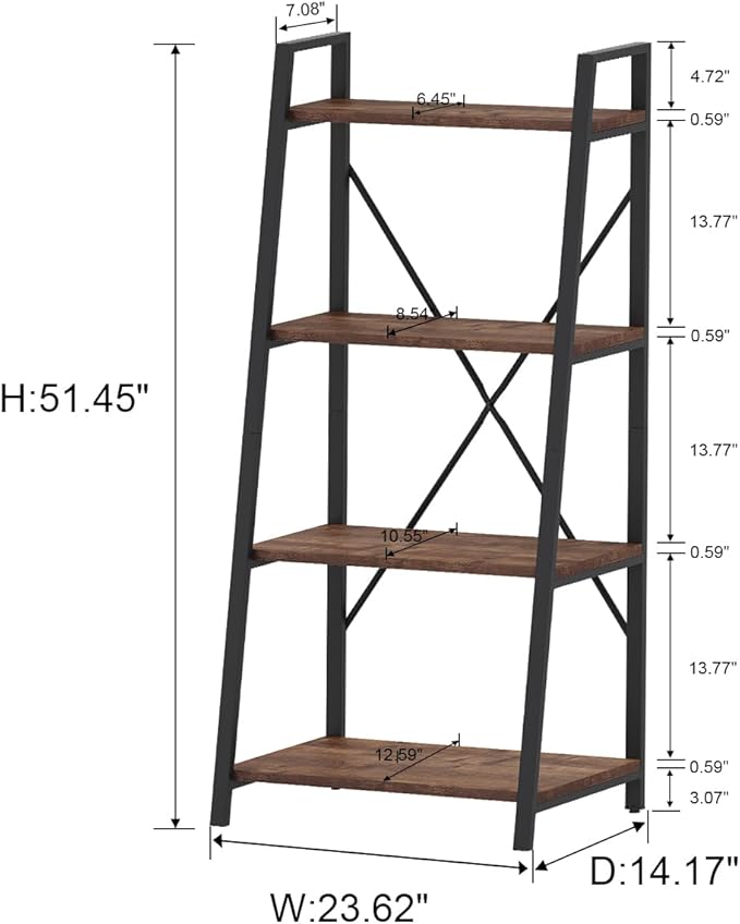 BON AUGURE Industrial Ladder Shelf Bookcase, 4 Tier Rustic Ladder Bookshelf, Standing Leaning Book Shelves for Living Room (Rustic Oak)