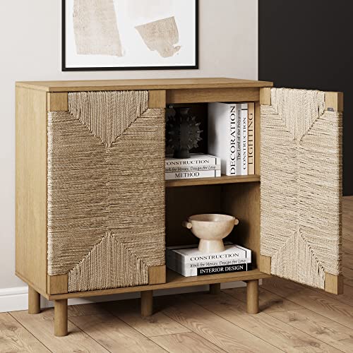 Beacon Accent Natural Sideboard Storage Cabinet in Light Wood with Adjustable Interior Shelf and Seagrass Doors