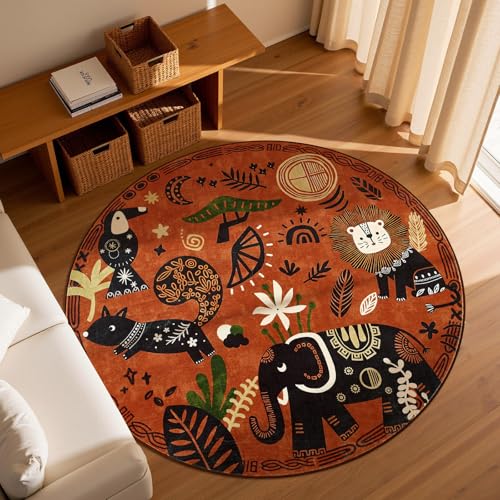 5ft Cute Round Rug Kids Washable Fun Rug Terracotta Boho Jungle Mat (19.63 Sq Ft)
