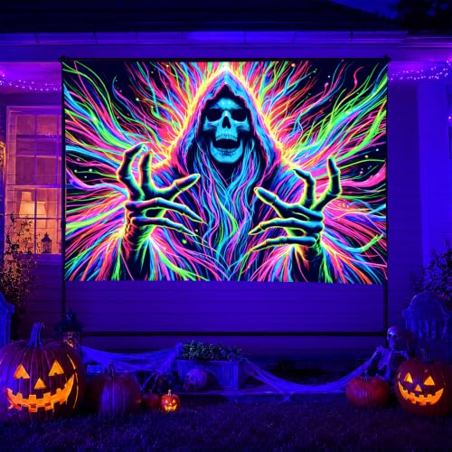 Blacklight Tapestry Hooded Skeleton Wall Hanging 78 x 59 Inch