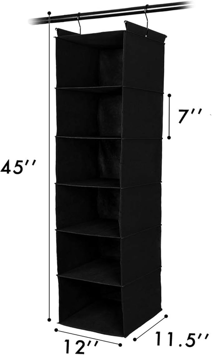 MAX Houser 6 Tier Shelf Hanging Closet Organizer, Closet Hanging Shelf with 2 Sturdy Hooks for Storage, Foldable (Black)