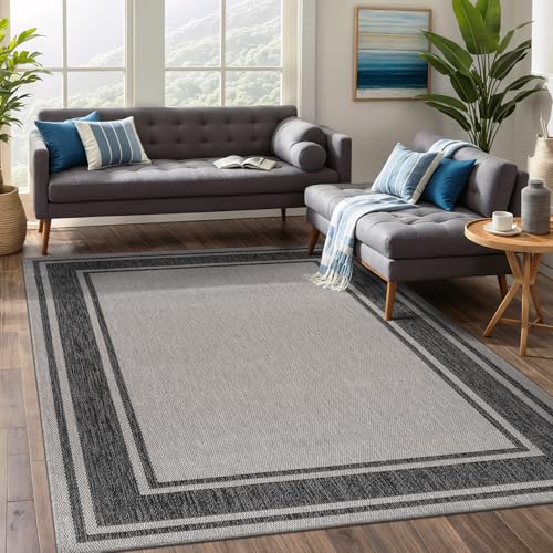Outdoor Rug 8x10 Modern Bordered Area Rugs for Indoor and Outdoor Patio Deck Porch Garden Waterproof Weather Sun Resistant Washable Outside Carpet (80 Sq Ft)