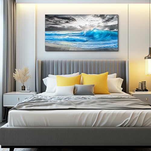 Beach Wall Pictures Canvas Artworks Wall Decor For Living Room Canvas Wall Art For Bedroom Restaurant Office Decorations Blue Sea Wave Ocean Paintings Home Decor Ready To Hang 24x48 In