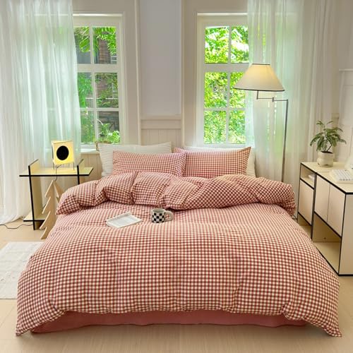 Gingham Comforter Set King Vintage Plaid Checkered Pattern Comforter Lightweight Soft Gingham Bedding Red Orange Grid Comforter with 2 Pillowcases Farmhouse Checkered Comforter Set
