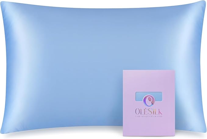 OLESILK 100% Mulberry Silk Toddler Pillowcase for Hair and Skin, Both Sides 19 Momme Pure Natural Silk Travel Pillow Cases with Hidden Zipper, 13"x 18", Light Blue
