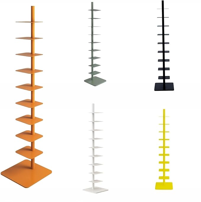9-Tier Spine Bookshelf Metal Bookcase 5 Colors Vertical Bookshelf Tower Rotating Tall Narrow Bookshelf Ladder Book Rack Indoor (Orange)