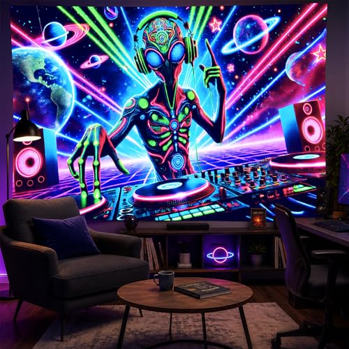 Blacklight Tapestry Alien DJ Party Backdrop 78 x 59 Inch