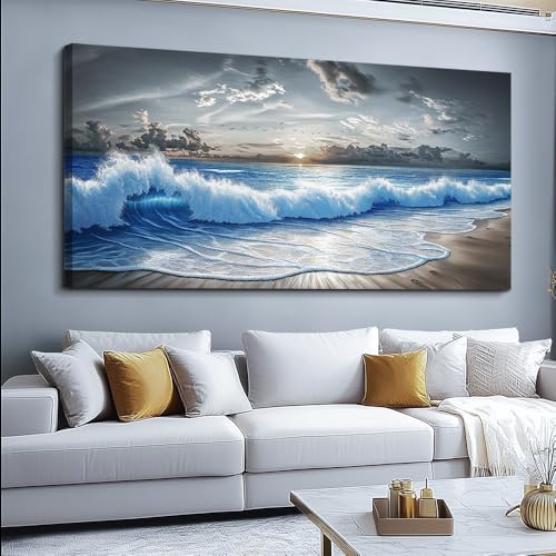 Large Canvas Printed Artworks Mural Wall Decor For Living Room Wall Art For Bedroom Office Decor Black White And Blue Ocean Wave Landscape Painting Modern Home Decor Ready To Hang 30"X60"