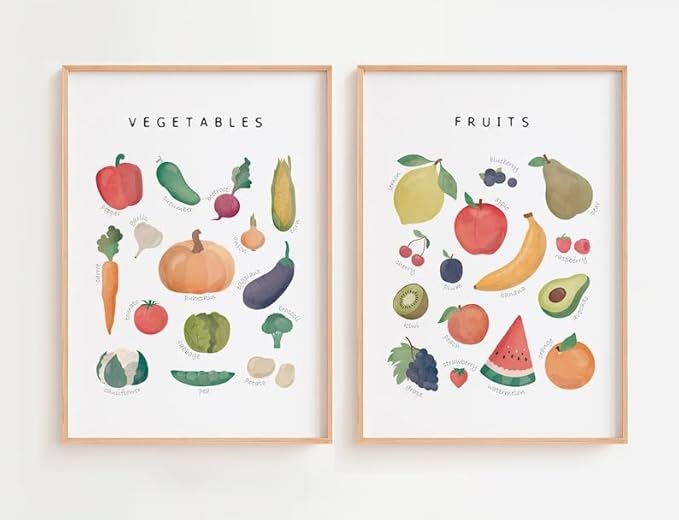 OZCONO Vegetables and Fruits Educational Posters, Harvest Chart Kids, Classroom Decor, Rainbow Nursery Wall Art, Homeschool Education Guide (Unframed) (11x14)