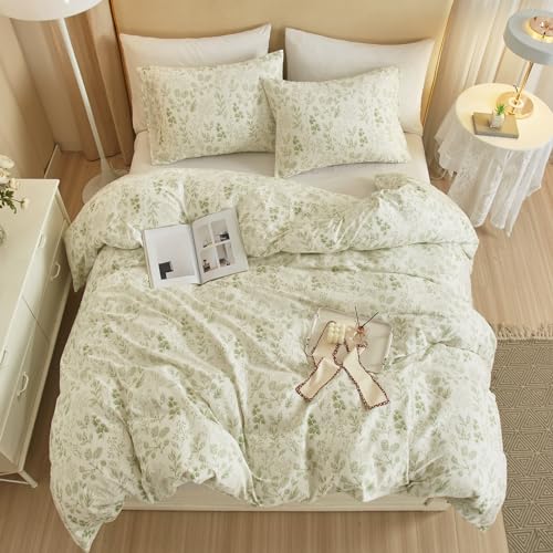 Garden Style Green Floral Comforter Set Full Size White Soft Fluffy Microfiber Comforter Chic Floral Printed Bedding Set Vintage Flowers Leaves Botanical Comforter Set All Seasons Full Comforter Set