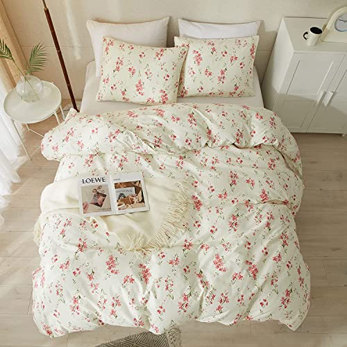 Vintage Garden Style Pink Floral Comforter Set Full Chic Boho Floral Bedding Comforter Fluffy Soft Aesthetic Flowers Botanical Comforter with 2 Pillowcases Girls Women Cottagecore Comforter Set
